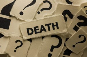 Torn paper with the word 'Death' surrounded by question marks, symbolizing uncertainty and questions about mortality or wrongful death.