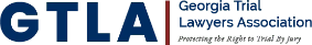 Logo for the Georgia Trial Lawyers Association featuring bold blue “GTLA” initials, full organization name, and a red italic tagline emphasizing the protection of the right to trial by jury.