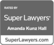 Recognition badge for Amanda Kunz Hall rated by Super Lawyers, displayed on a gray background with bold white text, highlighting professional excellence and peer acknowledgment in the legal field.