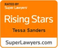 Recognition badge for Tessa Sanders as a Rising Star by Super Lawyers, displayed on an orange background with bold white and black text, highlighting professional achievement in the legal field.