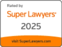 Super Lawyers 2025 badge featuring orange and white design with bold text indicating professional recognition for legal excellence, including the phrase “Rated by Super Lawyers” and website link at the bottom.